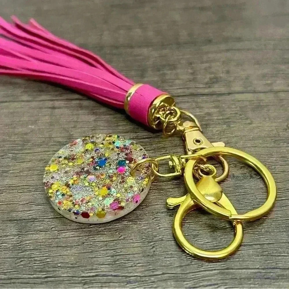 Gold Tone Keychain with Hand Crafted Sparkles Amulet and Hot Pink Tassel - Picture 2 of 2